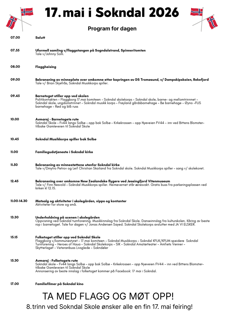 Programmet for 17. mai i Sokndal 2026